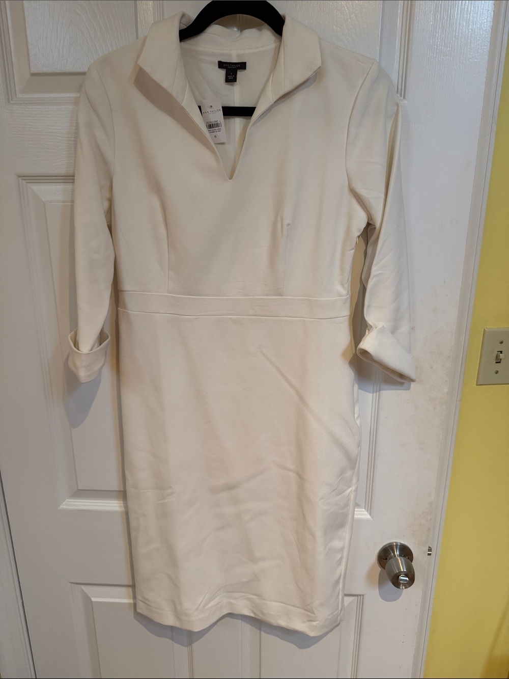 Ann Taylor Ivory V-Neck Collar Sheath Dress with Three-Quarter Sleeves